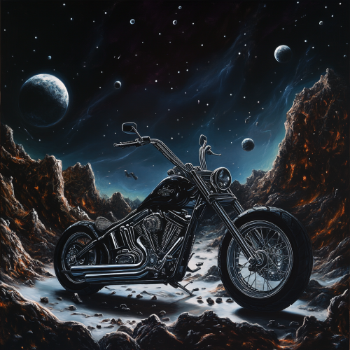 A Harley Davidson Chopper in Space surrounded by planets