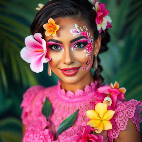 A Hawaiian Queen in Floral Dress and Face Paint