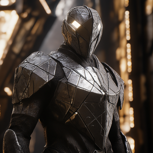 A Heroic Man in Geometric Armor Stands Victorious