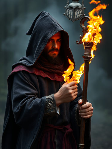 A Hooded Fire Magician in Medieval Attire