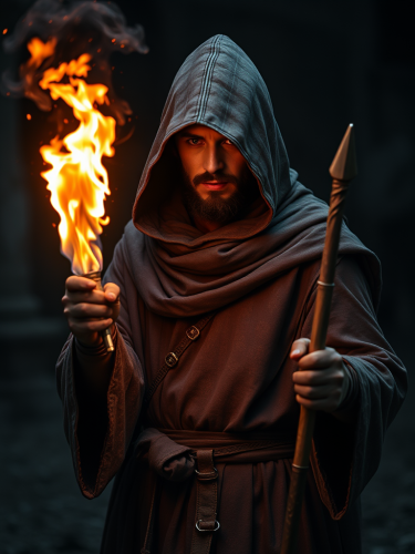 A Hooded Fire Magician with Staff in Medieval Outfit