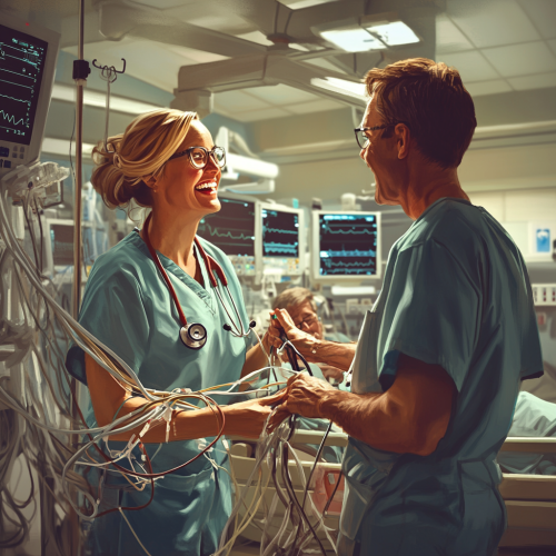 A Hospital Room with EKG Technician and Patient.