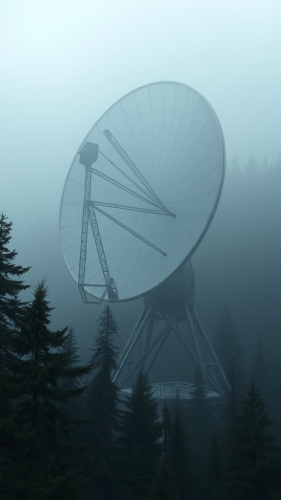 A Huge Satellite Dish in Foggy Forest