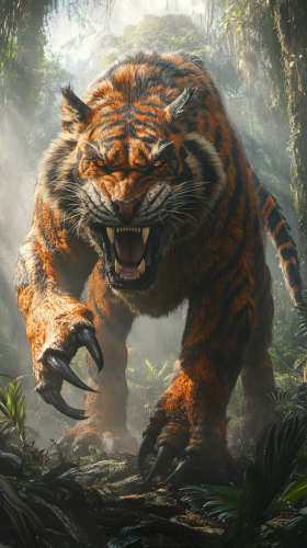 A Hybrid Tiger-Therizinosaurus in the Misty Jungle
