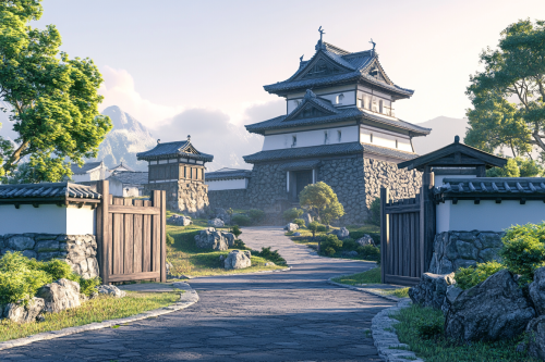 A Japanese Castle with Stone Walls and Garden
