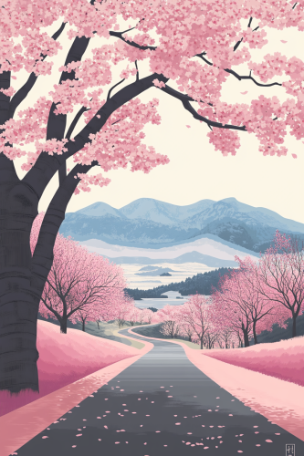 A Japanese Cherry Blossom Landscape with Soft Colors