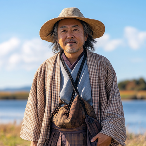A Japanese Man in Traditional Attire by River