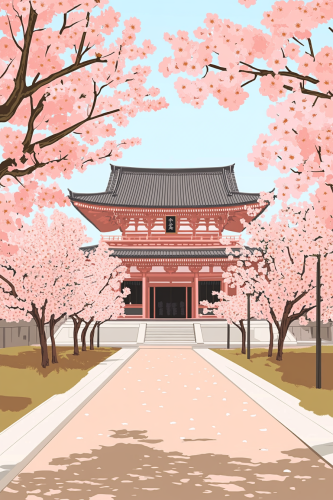 A Japanese Temple with Sakura Blossom Trees