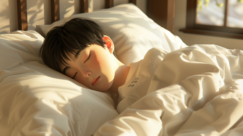 A Japanese boy peacefully sleeping in bed.