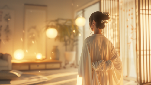 A Japanese girl in a white cardigan indoors