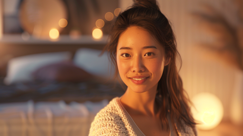 A Japanese girl smiling in a cozy room