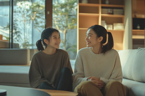 A Japanese mother and daughter bonding in modern room.