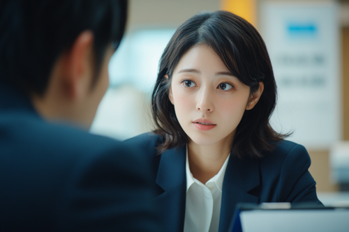 A Japanese woman discussing loan with bank employee