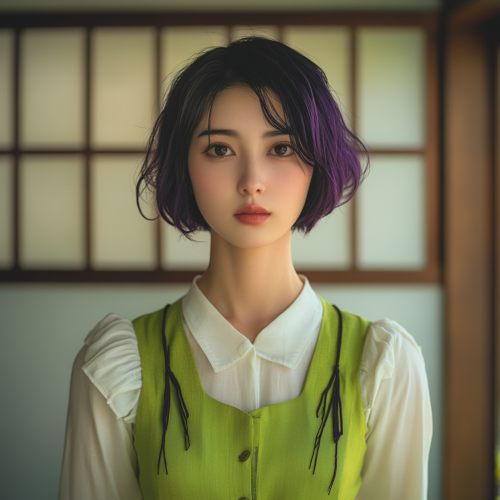 A Japanese woman in a green dress poses