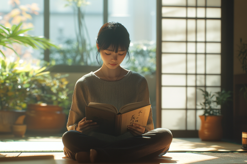 A Japanese woman peacefully reading at home