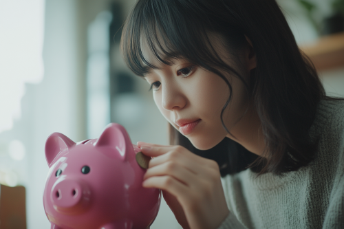 A Japanese woman saves money in piggy bank