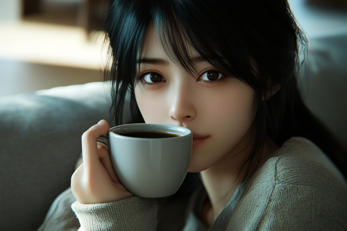A Japanese woman sipping coffee in chic home