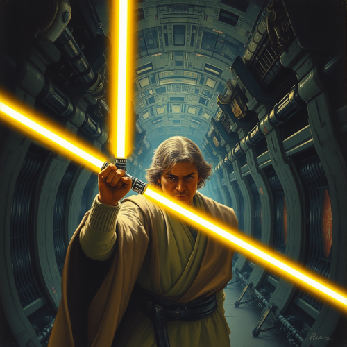 A Jedi Illuminating a Destroyed Sith Ship Hallway