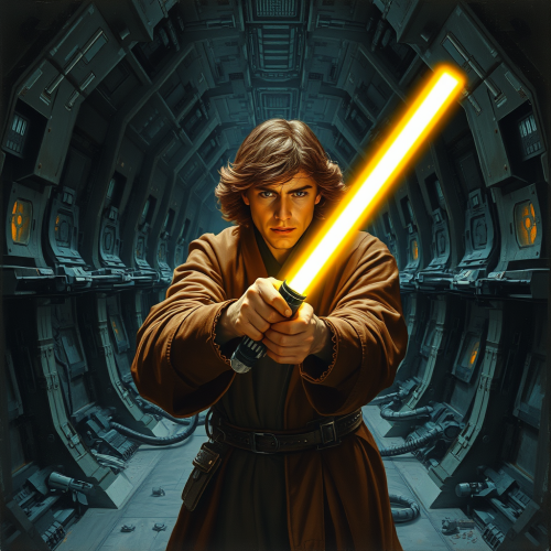 A Jedi Illuminating a Gloomy Sith Ship Hallway