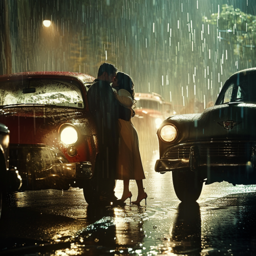 A Jewish couple embraces passionately in the rain