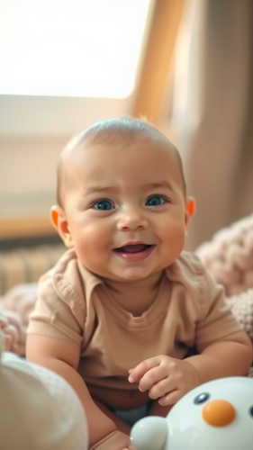 A Joyful Baby in a Cozy, Sunlit Environment