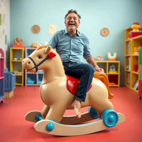 A Joyful Parent Playing on Oversized Playground Toy