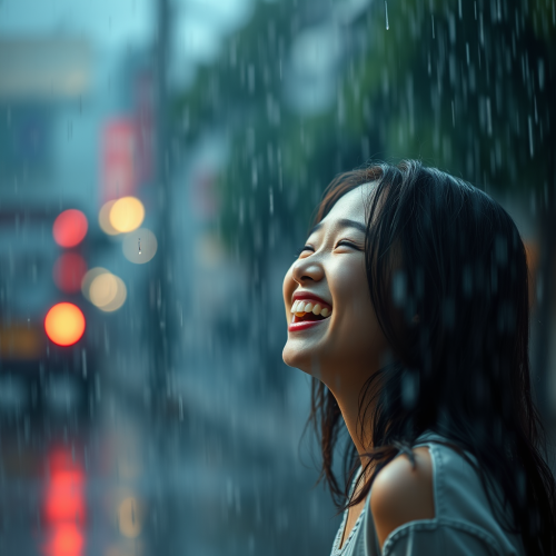 A Joyful Woman in Rainy Melancholic Atmosphere
