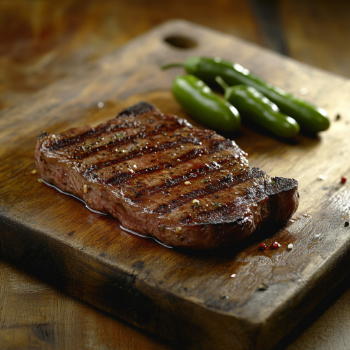 A Juicy Steak with Jalapeños on Wooden Platter.