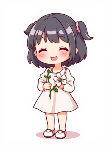 A Kawaii Girl Holding a Flower in Dress