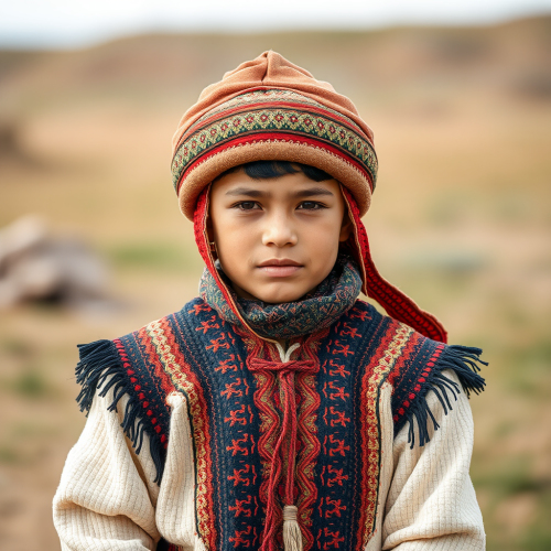A Kazakh Boy in Traditional Nomadic Attire