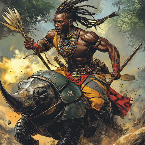 A Kenyan superhero in Maasai tribal suit charges