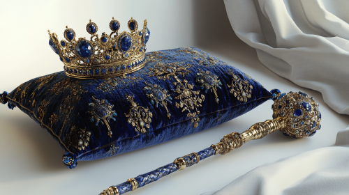 A King's Crown and Sceptre on Blue Cushion
