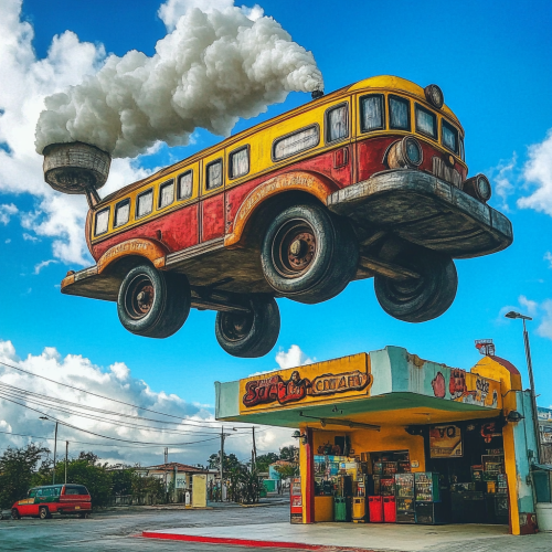 A Kite Flying High Above a Gas Station
