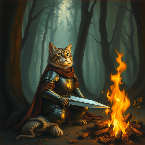 A Knight Cat by Fire in Hopeless Forest