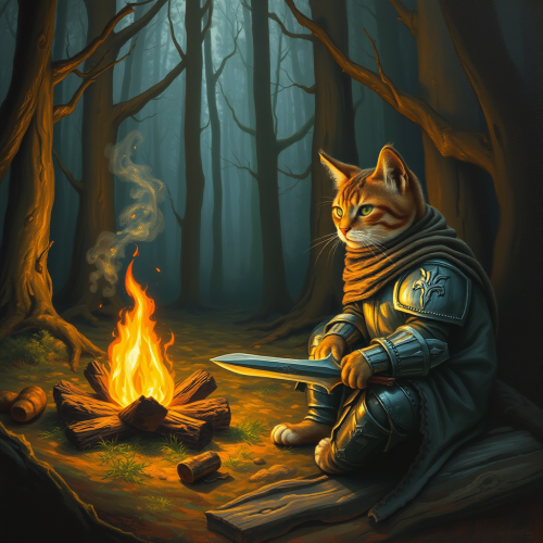 A Knightly Cat by a Fire in Hopeless Forest