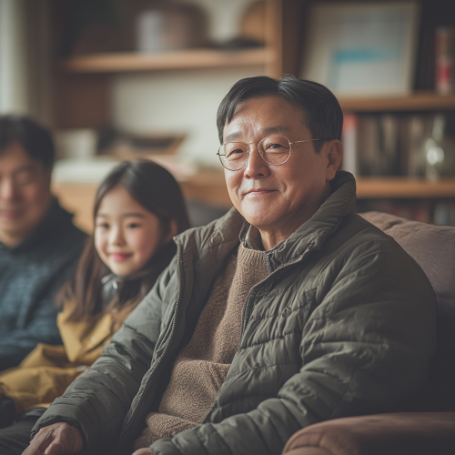 A Korean family in the living room smiling