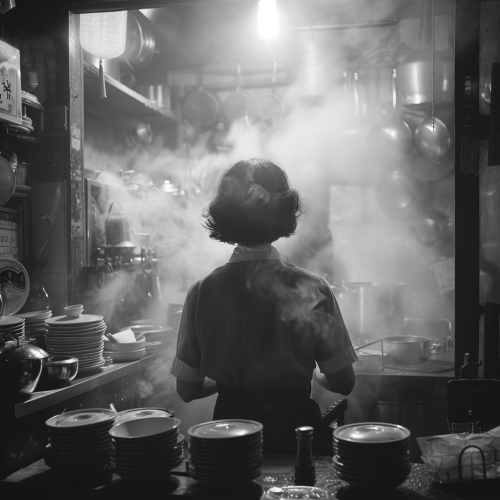 A Korean woman cooking in traditional kitchen