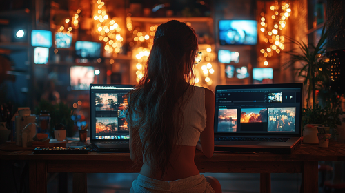 A Korean woman editing a video on laptop