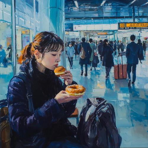 A Korean woman enjoying a donut at Seoul Station