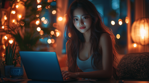 A Korean woman in tank top on laptop