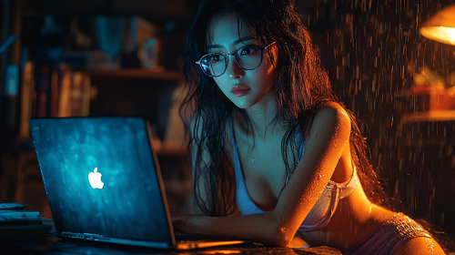 A Korean woman thinks at a laptop desk