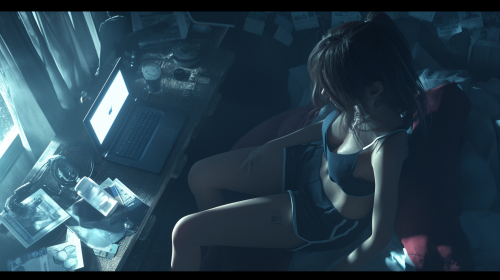 A Korean woman uses laptop on lit desk