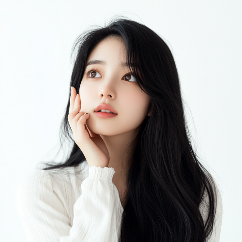 A Korean woman with black hair looking thoughtful