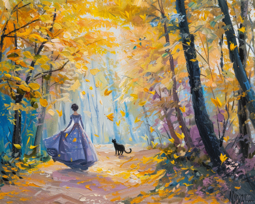 A Lady and Cat in Secret Autumn Forest