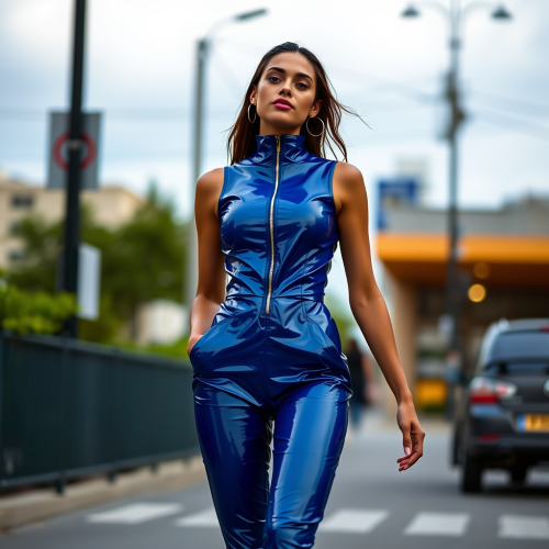A Latin Model in Blue PVC Romper Walking.