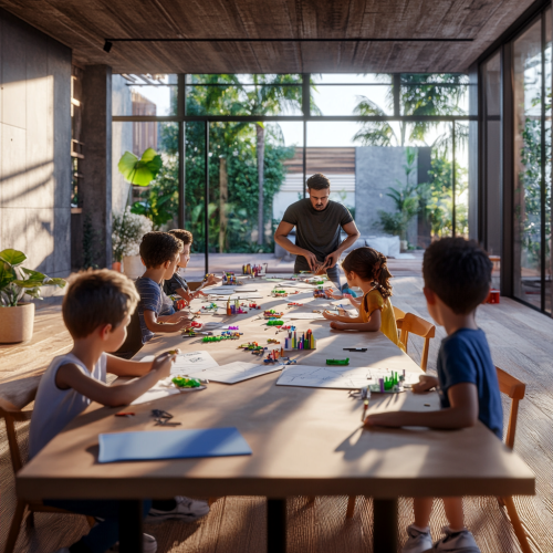 A Latin adult leads a chaotic kids' meeting