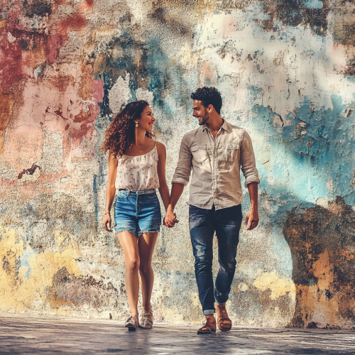 A Latina woman walking happily with partner