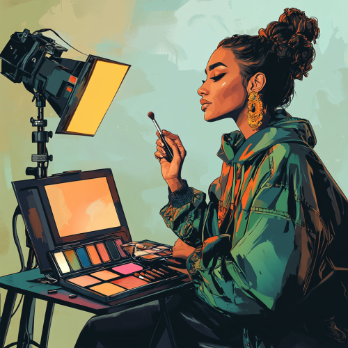 A Latino Makeup Artist on Film Set applying Touch-ups.