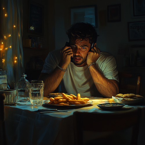 A Latino Man at Home, Complaining About Cold French Fries