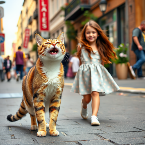 A Laughing Cat Walking Upright with a Girl